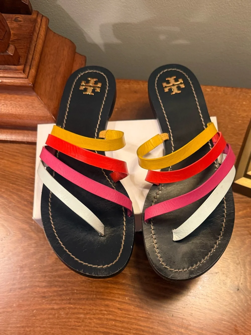 Tory Burch Patos Black Leather Slide Sandals Yellow Red Pink White Strap Size 9